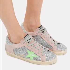 Golden goose superstar size 39 silver glitter pink suede and neon green star